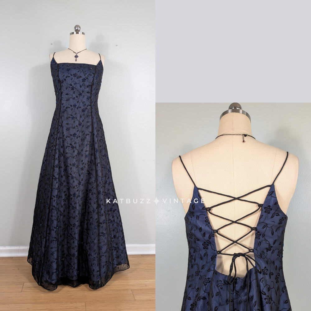 Vintage Morgan Prom Dress Maxi Gown 14 Blue Black Goth Floral Corset 90s Y2K